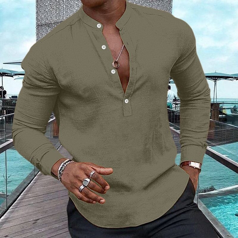 Men's Shirt Casual Summer Beach Shirt Long Sleeve Plain Henley Spring Casual Daily  Top