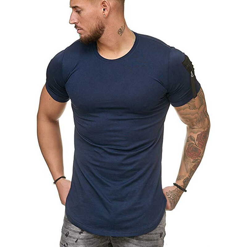 men's gym muscle athletic t-shirt fashion zipper workout cotton shirt slim fit summer short sleeve top