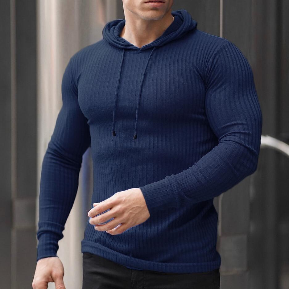 Men's Sports Muscle Solid Color Knit Long-sleeved Hooded Sweatshirt