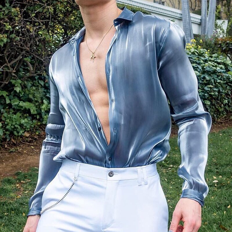 Men's Button Up Satin Silk Shirt Casual Shirt Long Sleeve Plain Fashion Casual Comfortable