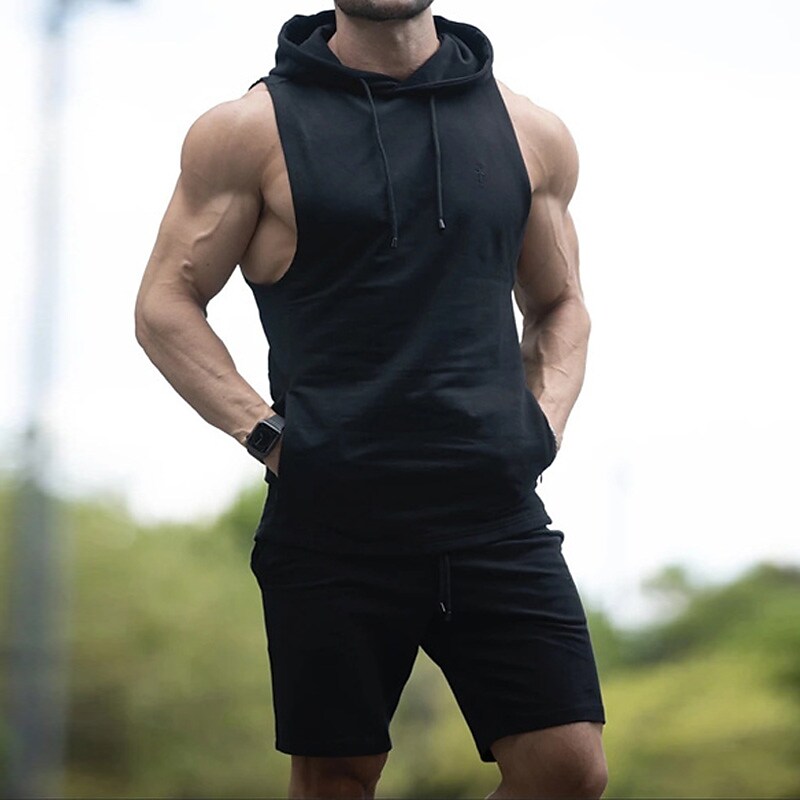 Men's Tracksuit Tennis Shorts and T Shirt Set Solid Colored Hooded Sle