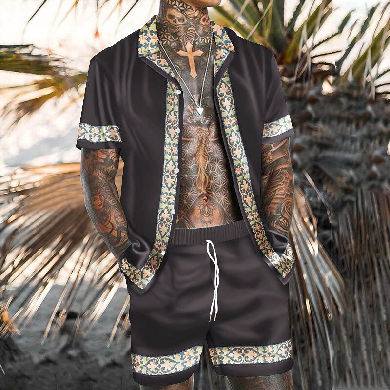 Men's Shirt Floral Print Short Sleeve Turndown Navy Blue Outdoor Casua