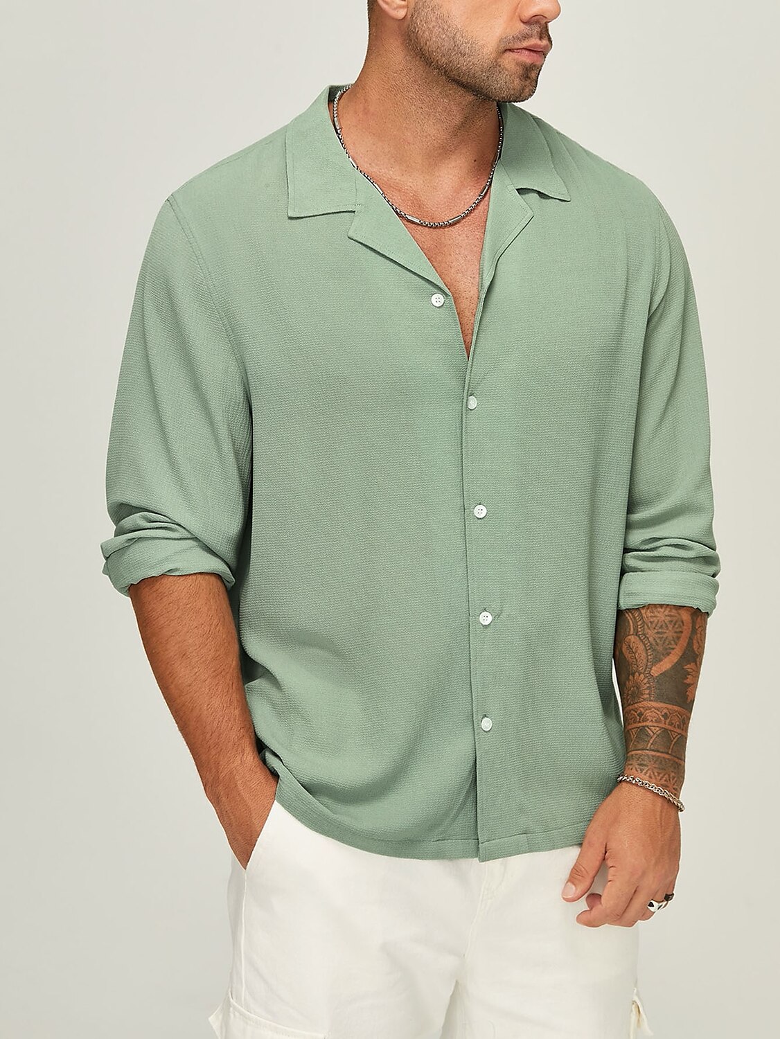 Men's Button Up Shirt  Casual Shirt Long Sleeve Plain Camp Collar Daily Vacation Casual Comfortable Shirt 