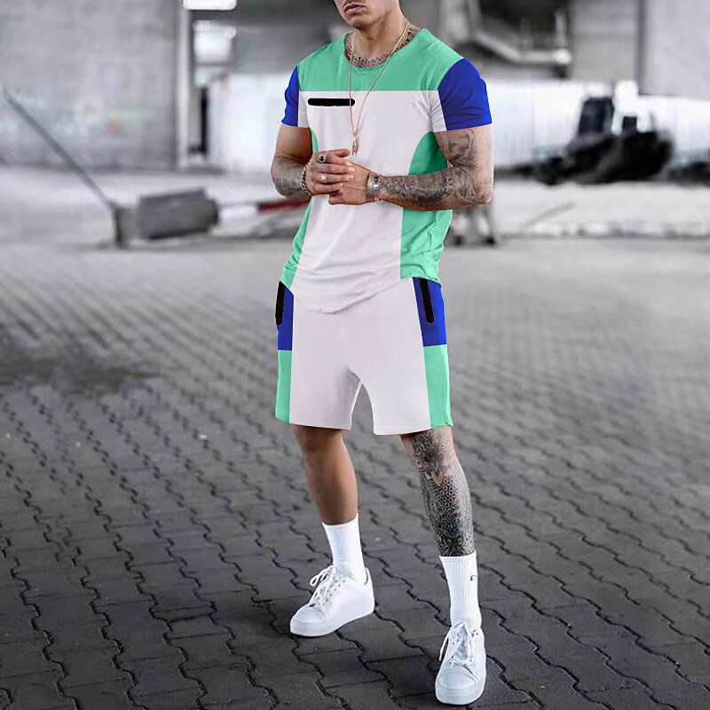 Men's Shorts and T Shirt Set Outfits Block Crew Neck Print Outdoor Dai