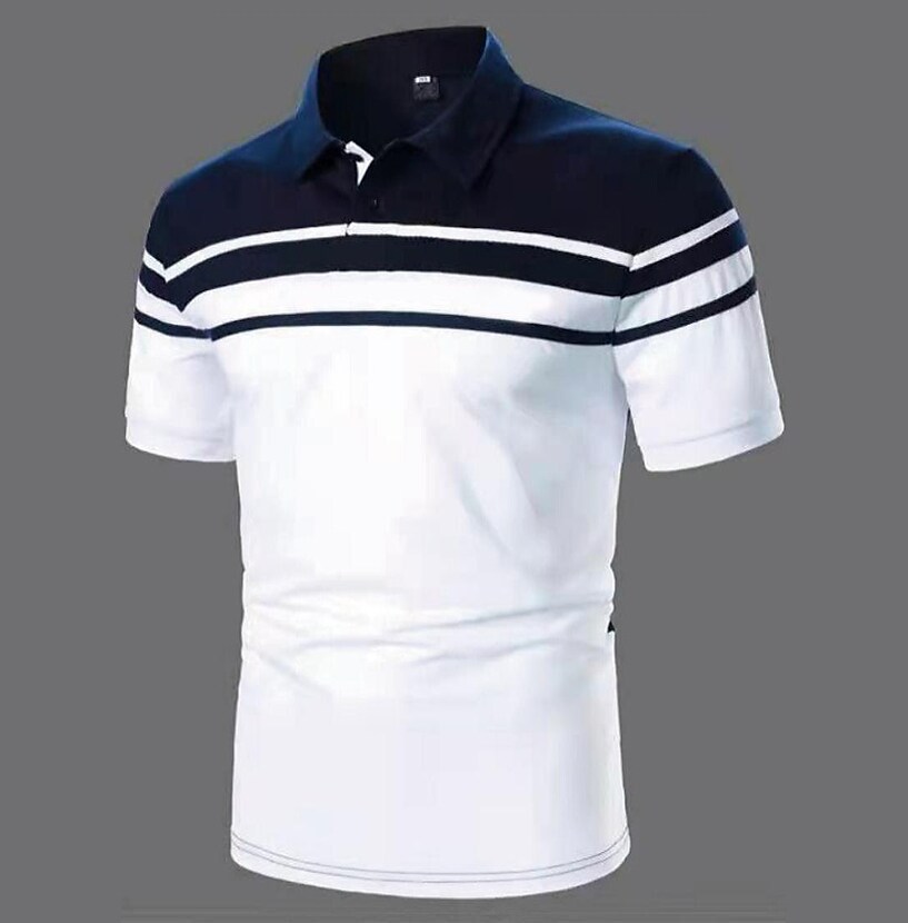 Men's Polo Shirt Golf Shirt Striped Turndown Black Navy Blue Blue Brow