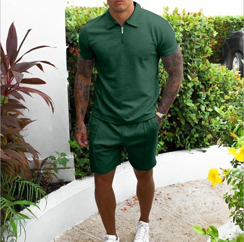 Men's Casual Lapel Short Sleeve Shirt Pocket Short Tracksuit