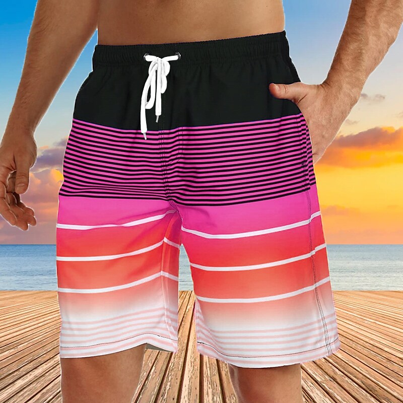 Men's Swim Trunks Summer Shorts Bermuda Drawstring with Mesh lining Elastic Waist Graphic Stripe Breathable Soft Casual Short 