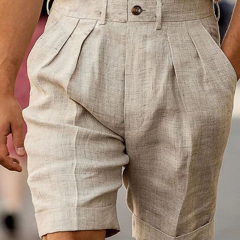 Men's Linen Summer Beach Pleated Shorts Plain Breathable Soft Short Casual Linen / Cotton Blend Fashion Streetwear
