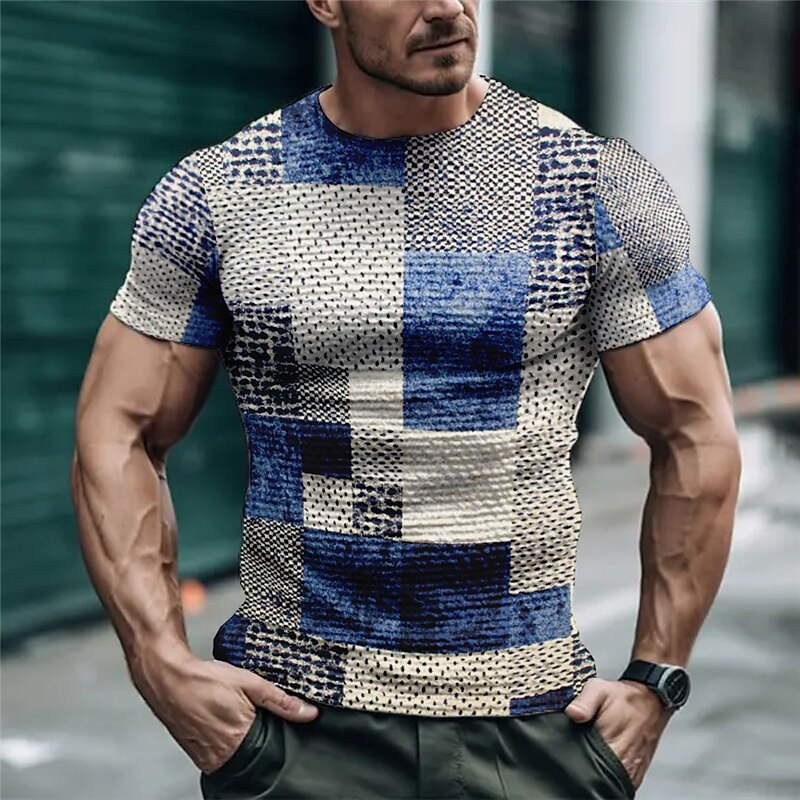 Men's Waffle T Shirt Graphic Color Block Plaid / Check Crew Neck 3D Print Outdoor Street Short Sleeve Fashion Casual Top