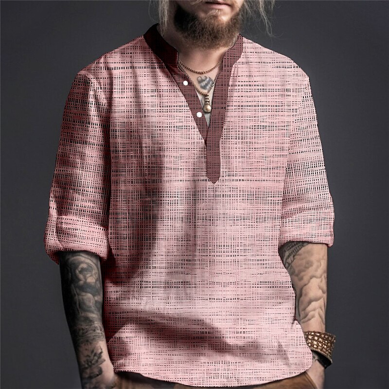 Men's Linen Shirt Plaid / Check Graphic Prints Stand Collar Outdoor Street Long Sleeve Print Linen Casual Shirt 