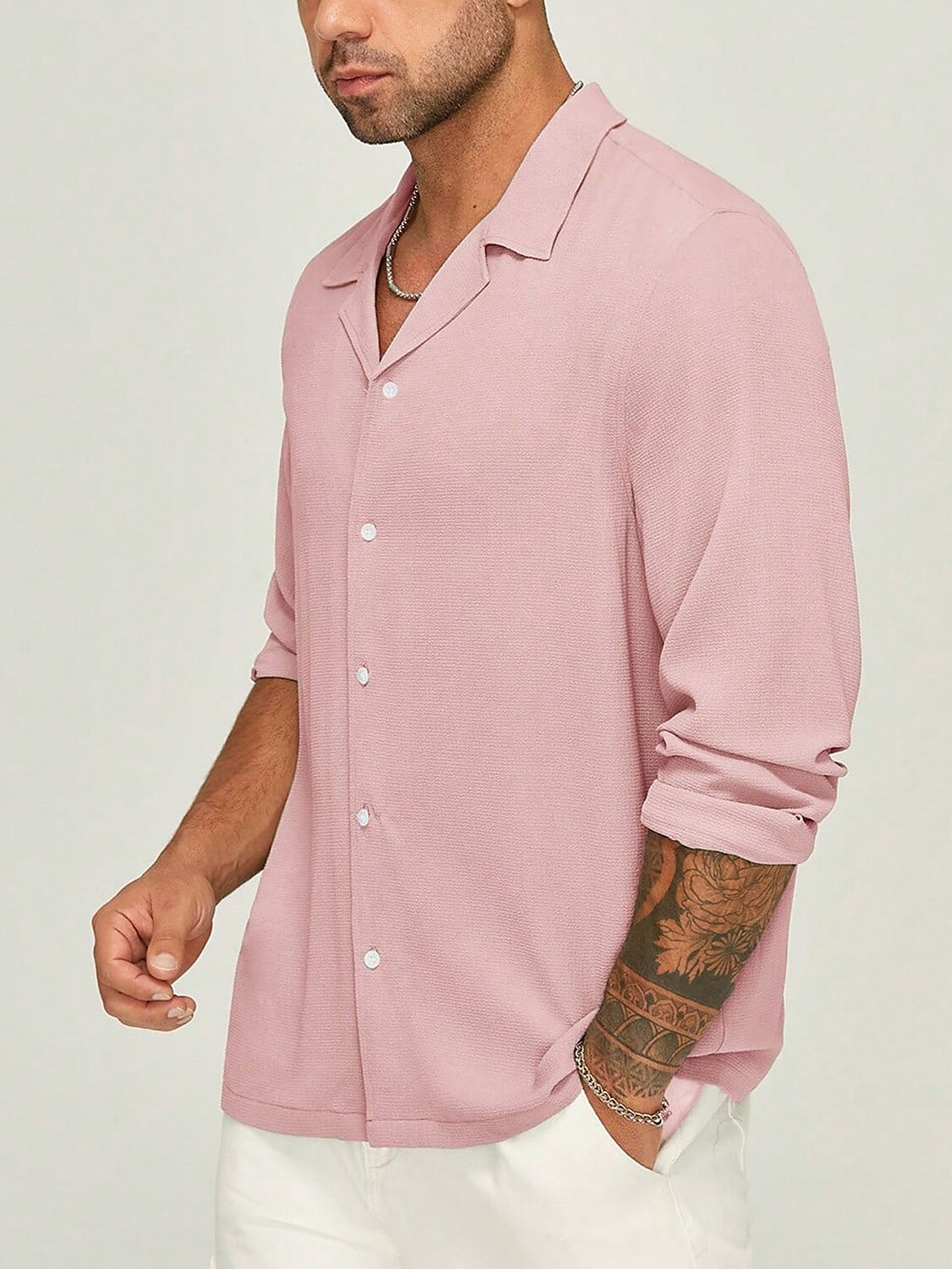 Men's Button Up Shirt  Casual Shirt Long Sleeve Plain Camp Collar Daily Vacation Casual Comfortable Shirt 