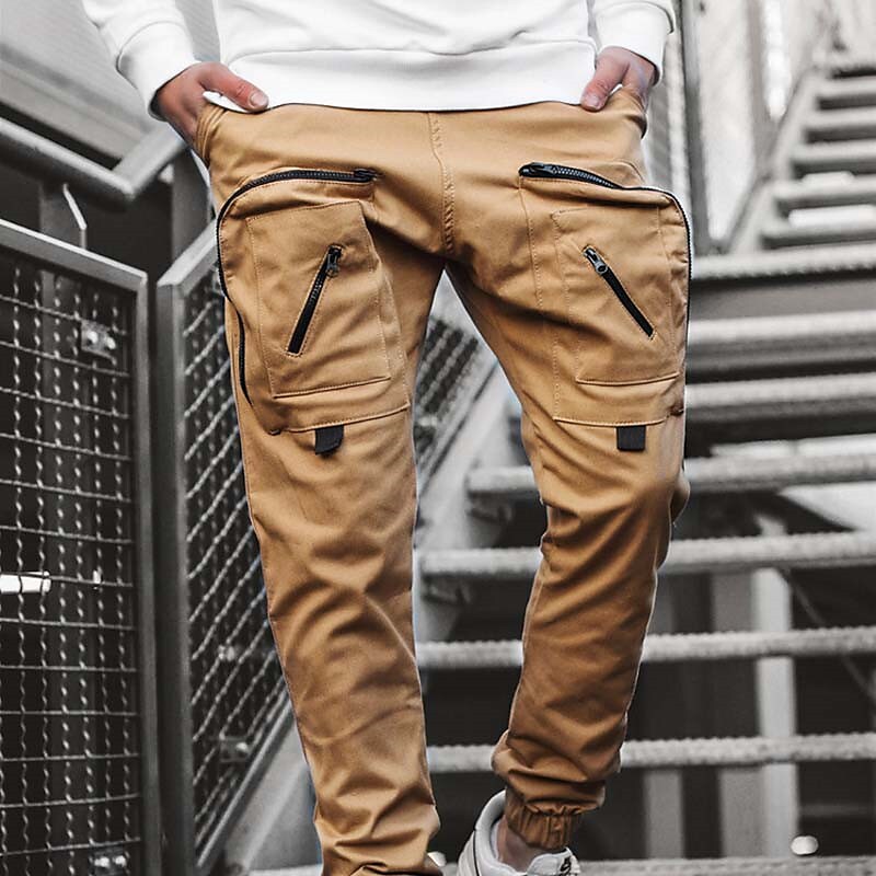 Men's Drawstring Elastic Waist Multi Pocket Solid Color Sweatpants