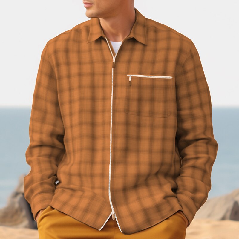 Men's Casual Shirt Long Sleeve Plaid / Check Lapel Daily Vacation Zipper Casual Comfortable Shirt 
