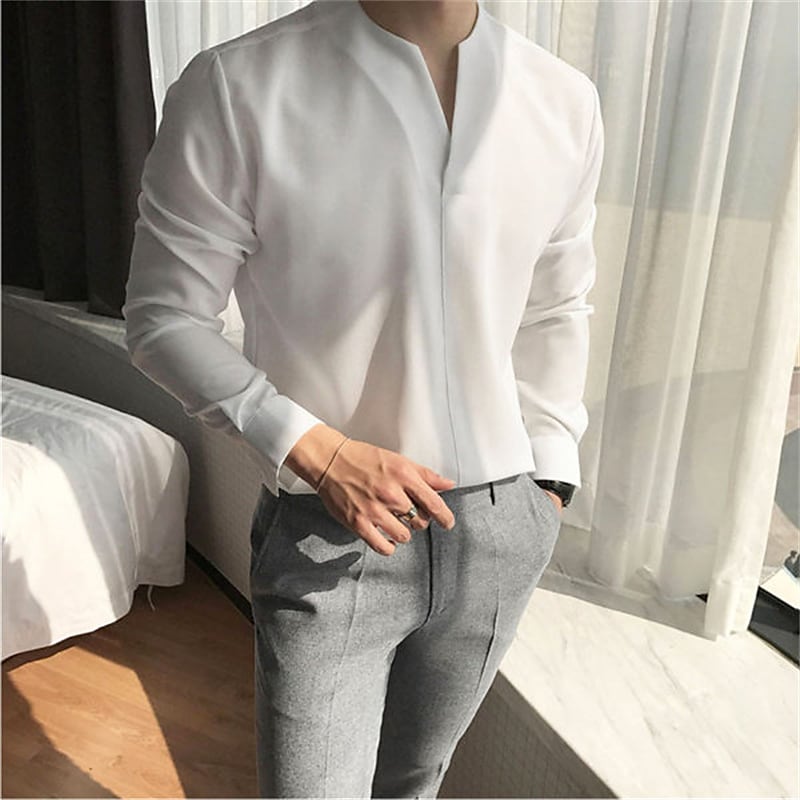 Men's Shirt Solid Color V Neck White Outdoor Street Long Sleeve Clothing Apparel Fashion Casual Breathable Comfortable