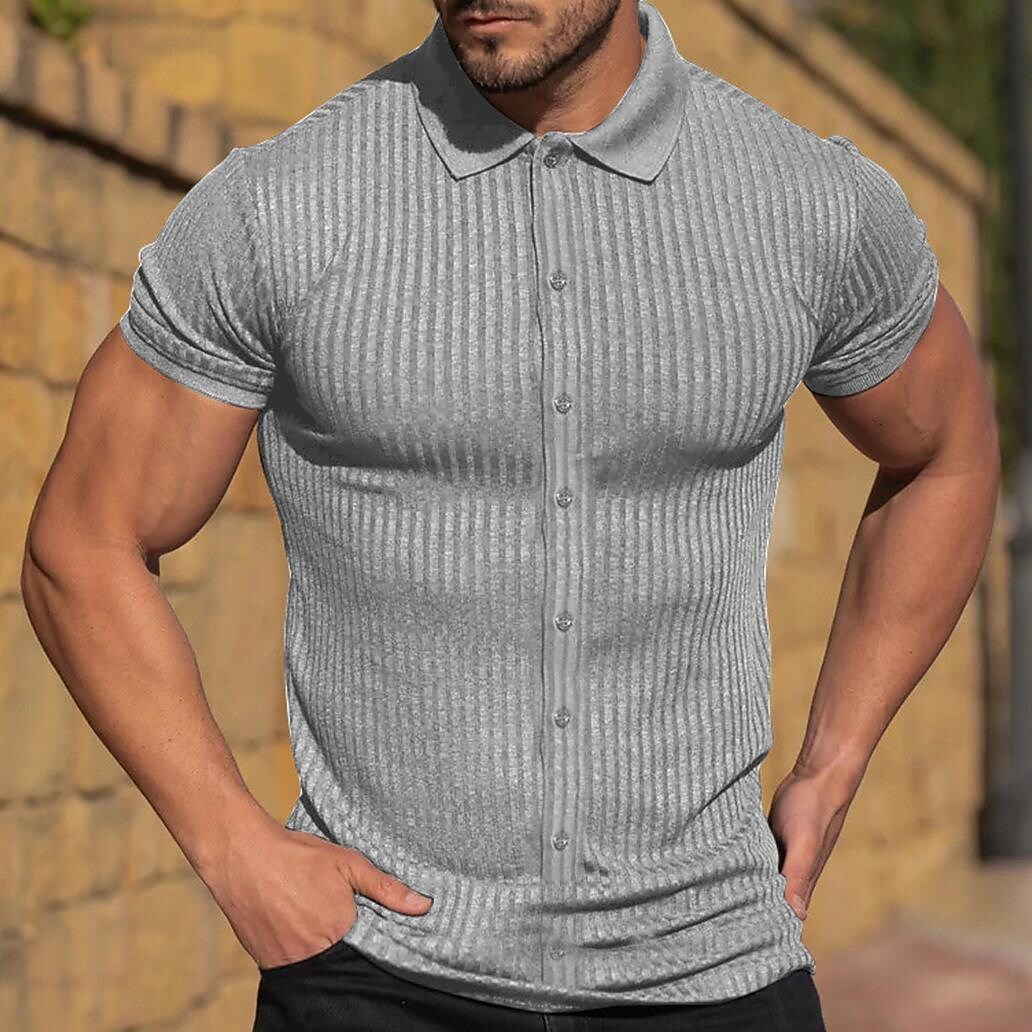 new european and american cross-border foreign trade wish men's summer sports fitness leisure stretch vertical strip short-sleeved polo shirt men