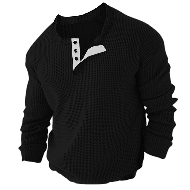 Men's Waffle Henley Shirt Long Sleeve Shirt Plain Henley Long Sleeve Button-Down  Streetwear Casual Henley Shirt