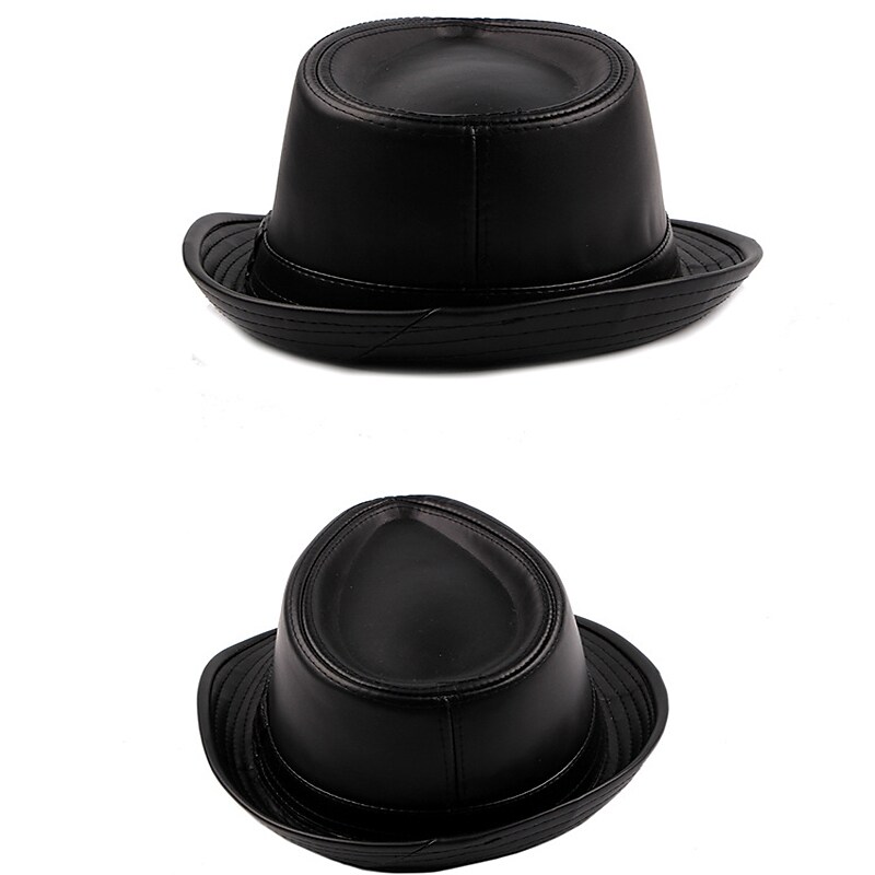 Men's Fedora Hat Brim Hat Black Coffee Faux Leather Pure Color Simple