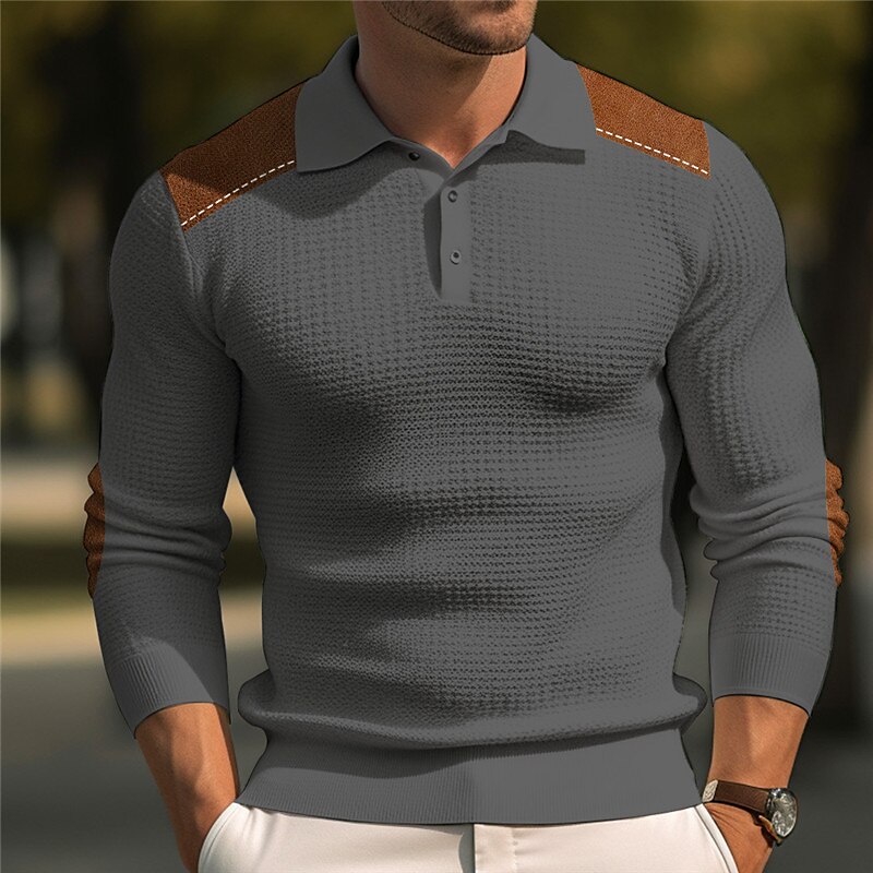 Men's Waffle Polo Shirt Button Up Polos Casual Sports Lapel Long Sleeve Fashion Basic Color Block Button Summer  Waffle Polo Shirt