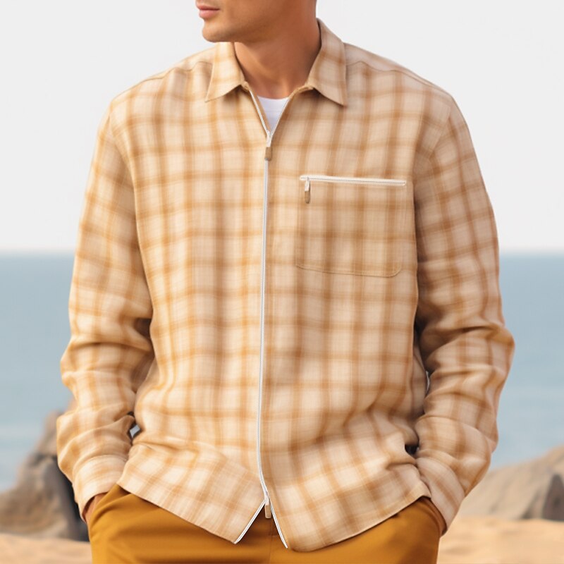 Men's Casual Shirt Long Sleeve Plaid / Check Lapel Daily Vacation Zipper Casual Comfortable Shirt 