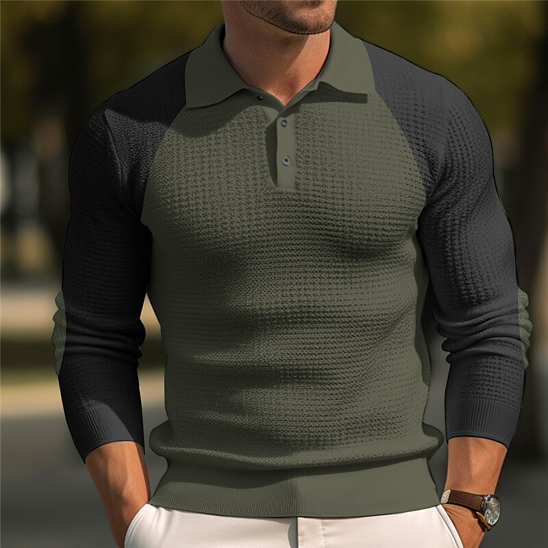 Men's Waffle Polo Shirt Button Up Polos Casual Sports Lapel Long Sleeve Fashion Basic Color Block Button Waffle Polo Shirt