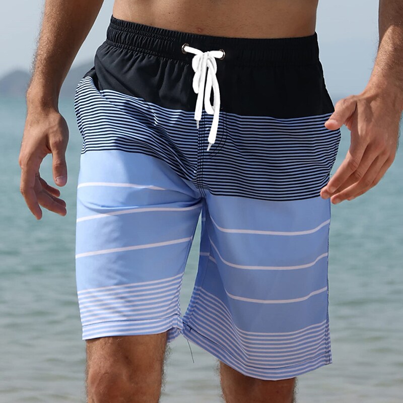 Men's Swim Trunks Summer Shorts Bermuda Drawstring with Mesh lining Elastic Waist Graphic Stripe Breathable Soft Casual Short 