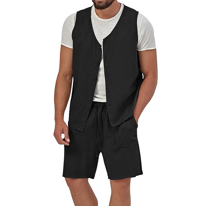 Men's 2 Piece Casual Beach Shirt Sleeveless Plain V Neck Street Vacation Shirt 