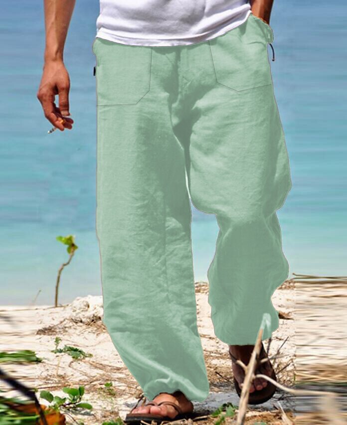 Men's Wide Leg Solid Color Comfy Breathable Casual High Waist Linen Pa