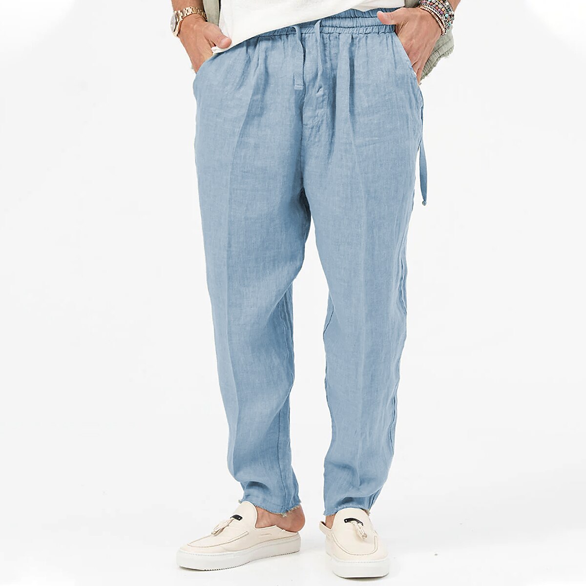 Men's Linen Pants Drawstring Elastic Waist Pleats Plain Comfort Breathable Casual Linen / Cotton Blend Classic Pants 