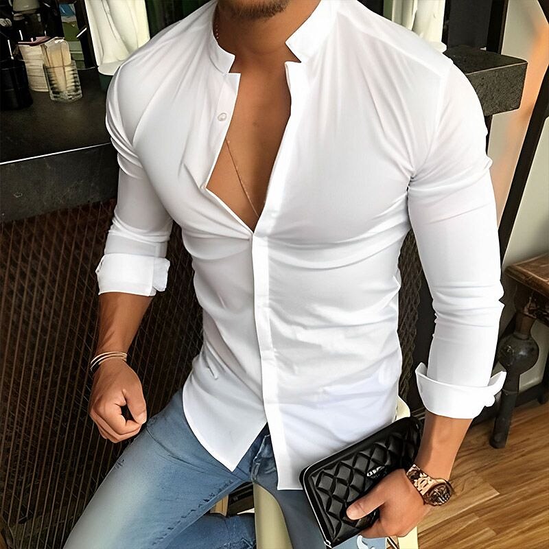 Men's Button Up Summer Casual Shirt Long Sleeve Plain Band Collar Fashion Comfortable Top