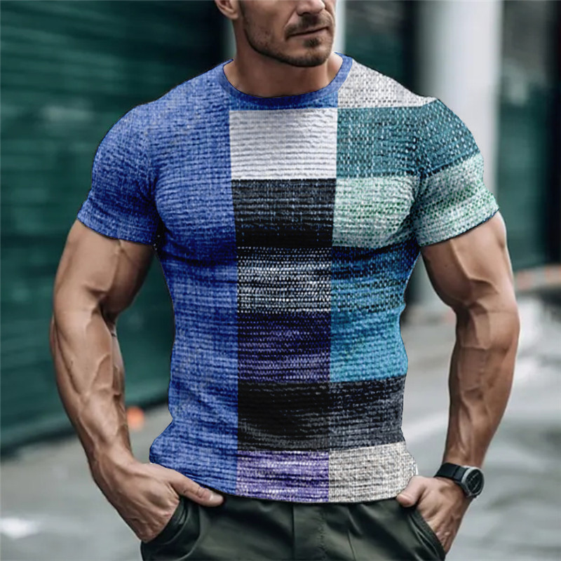 Men's Waffle T Shirt Graphic Plaid Crew Neck Print Outdoor Street Short Sleeve Casual Top