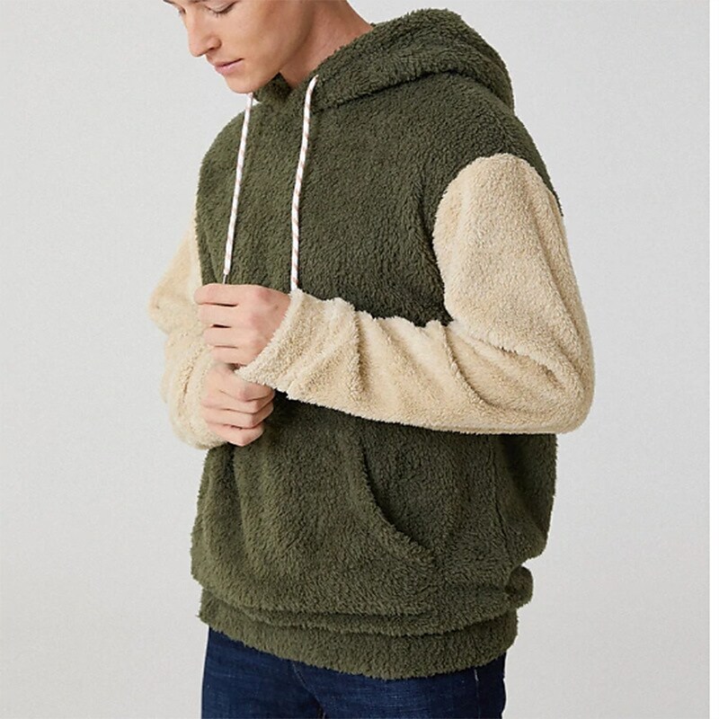 Men's Casual Fuzzy Sherpa Hooded Pocket Long Sleeve Sweatshirt