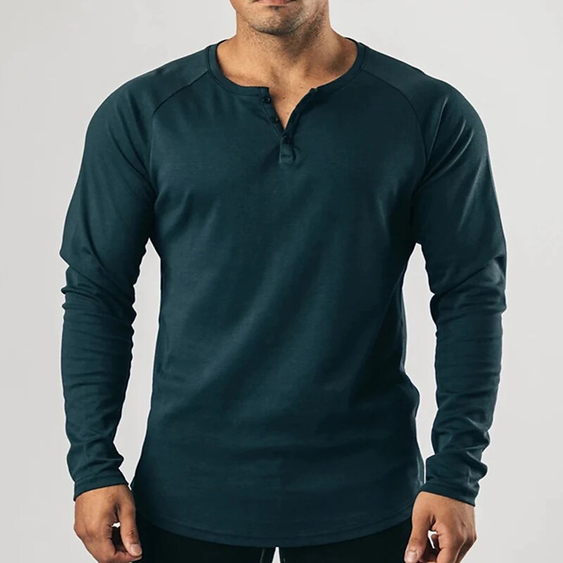 Men's Plain Henley Sports WorkWear Long Sleeve Button-Down Streetwear Casual