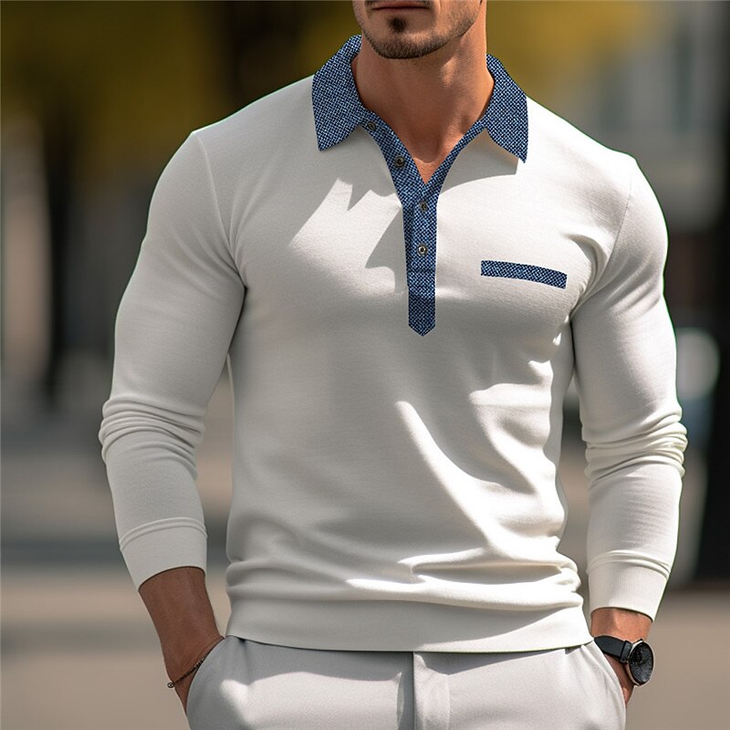 Men's Button Up Polos Polo Shirt Casual Sports Lapel Long Sleeve Fashion Basic Patchwork Button Up Polos