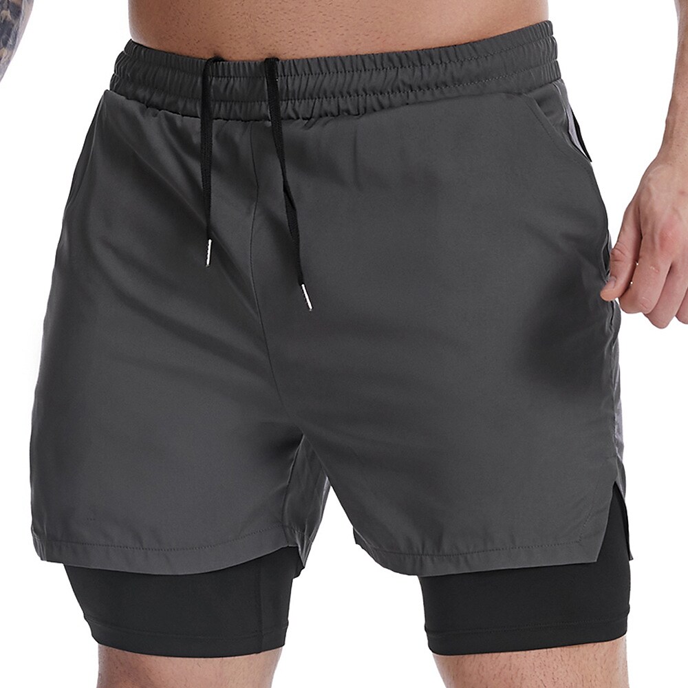 Men's Running Workout Shorts Side Pockets 2 in 1 Bottoms Athletic Breathable Moisture Wicking Soft Fitness Gym Workout Running Sportswear 