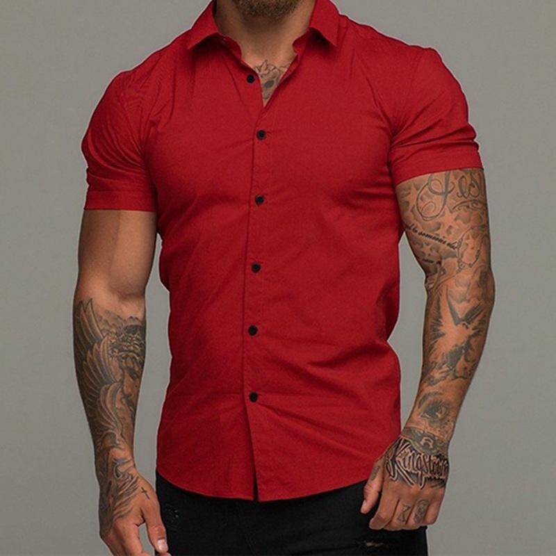 muscle man fitness short-sleeved lapel shirt stretch thin solid color sports casual cardigan business non-ironing shirt trendy