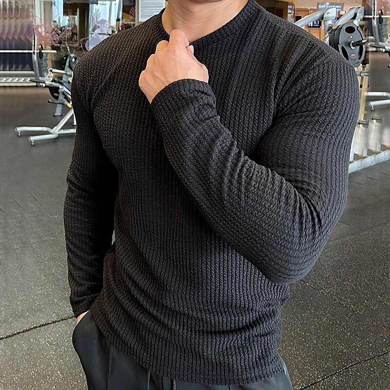 Men's Casual Sports Solid Color Knitted Long-sleeved Round Neck Tops