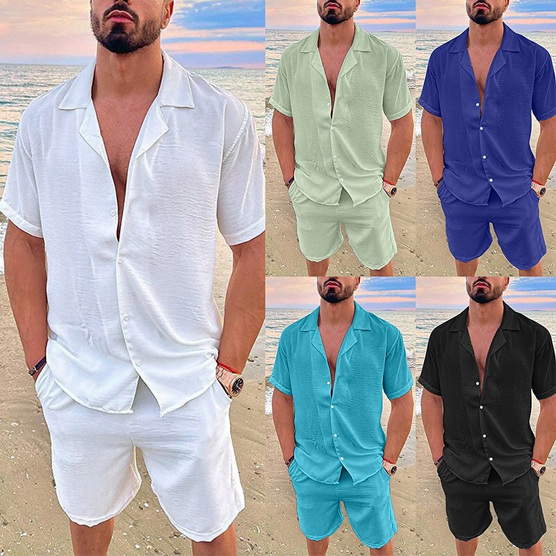 Men's Shirt 2 Piece Shirt Set Summer Set Short Sleeve Plain Lapel Spring & Summer Hawaiian  Pocket