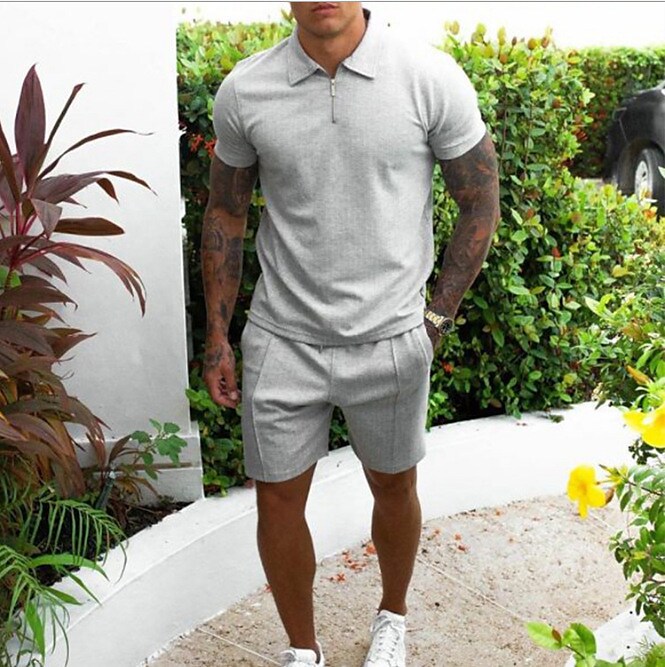 Men's Casual Lapel Short Sleeve Shirt Pocket Short Tracksuit