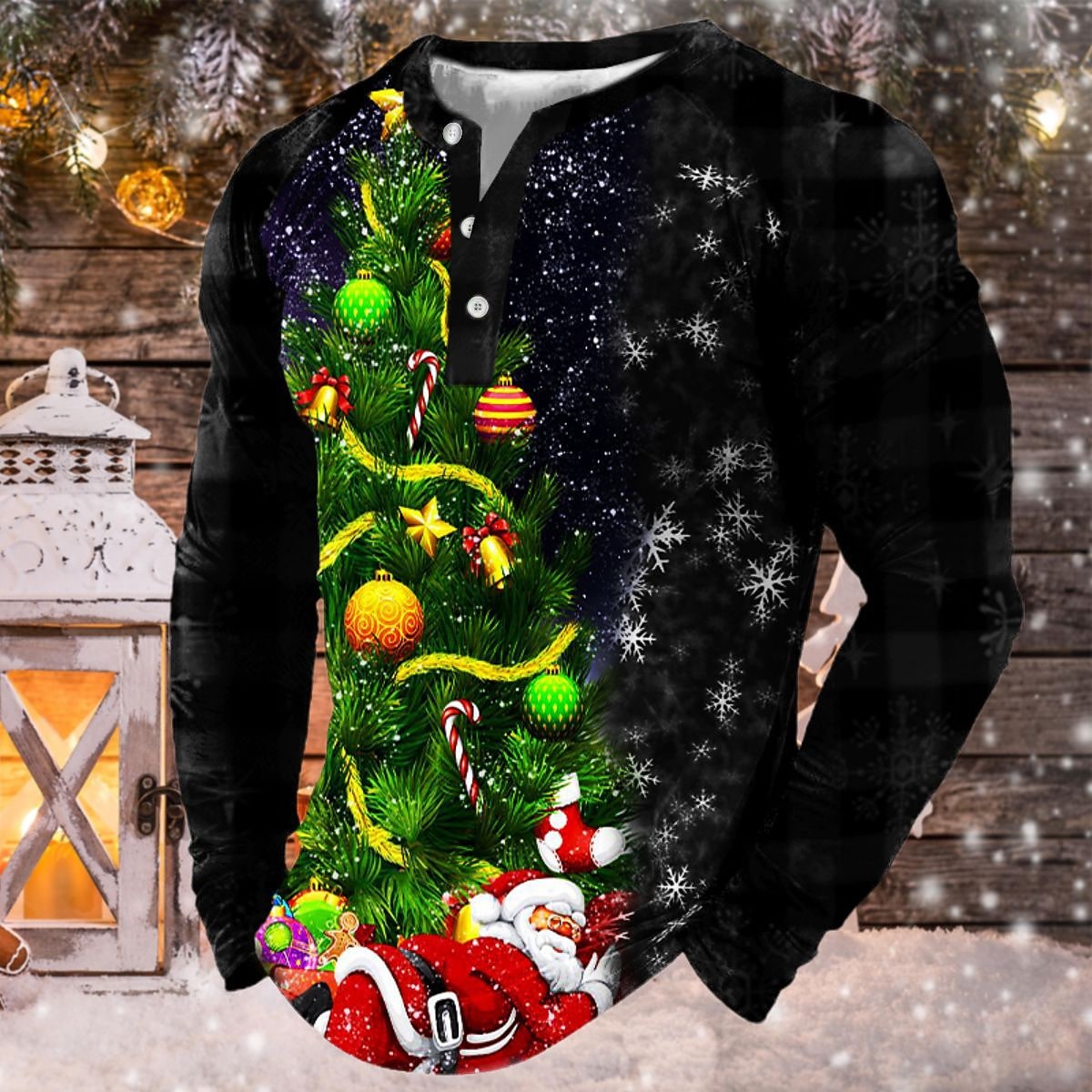 Men's Casual 3D Print Christmas Button Long Sleeve Henley Shirt