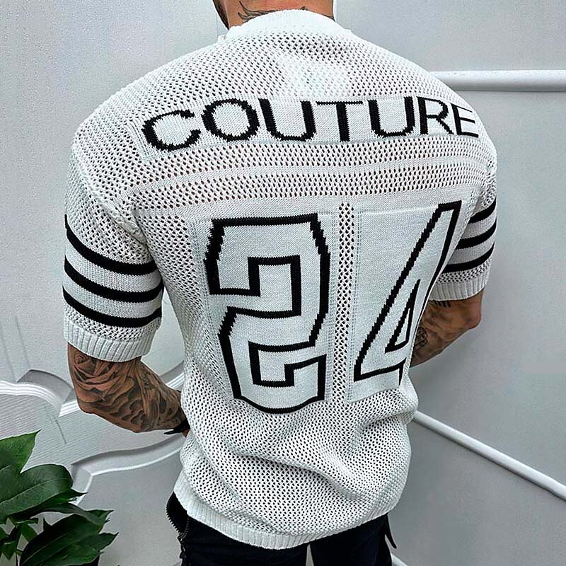Male Sweater Pullover Sweater Jumper Pullover Chunky Knit Regular Mesh Letter & Number Casual Daily Top