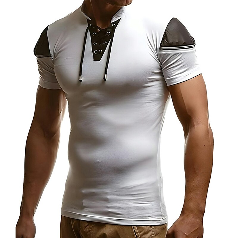 Men's T shirt Top Color Block Collar Street Vacation Short Sleeves Basic Top