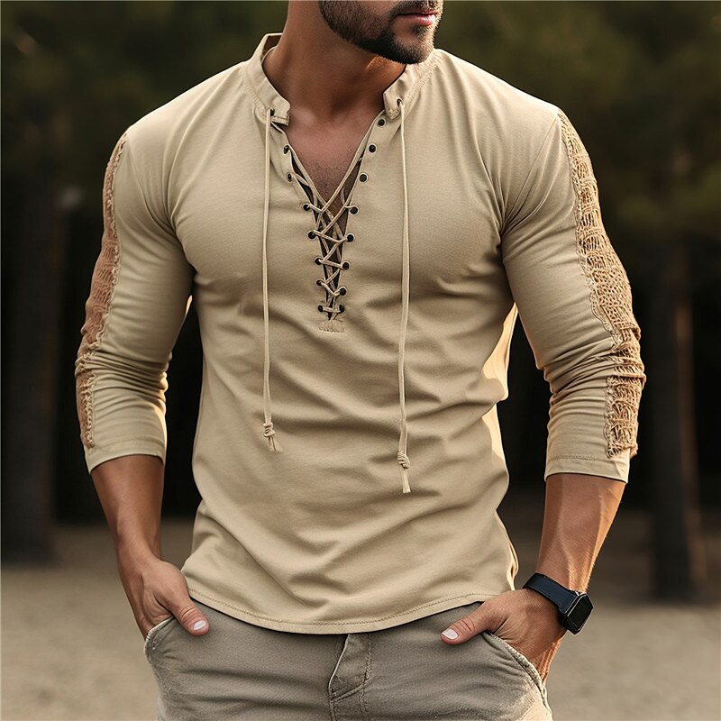 Men's Henley Shirt Plain Henley Street Vacation Long Sleeve Lace up Clothing Apparel Fashion Designer Basic Top 