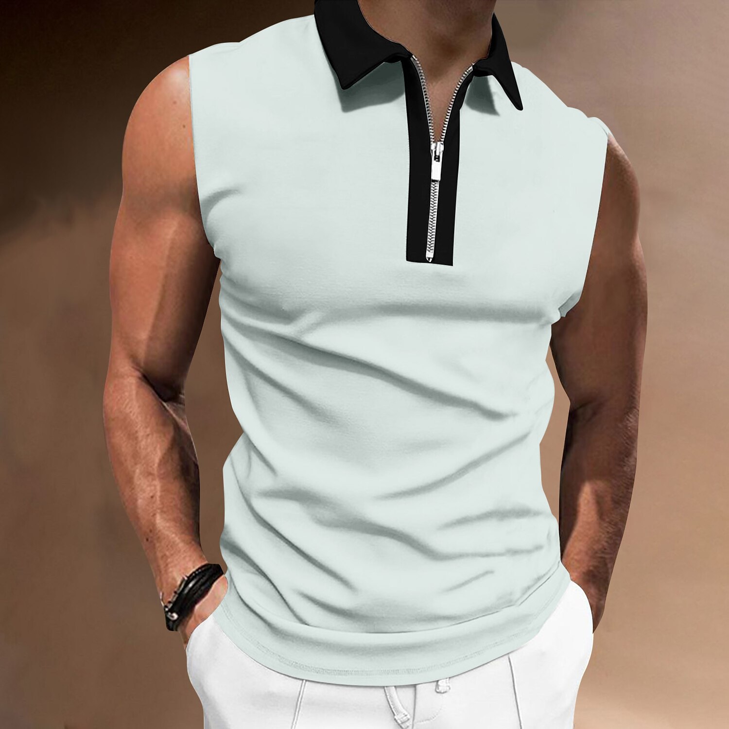 Men's Polo Shirt Golf Shirt Casual Holiday Lapel Quarter Zip Sleeveless Fashion Basic Plain Quarter Zip Summer Polo Shirt