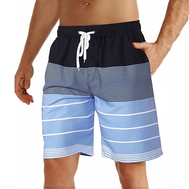 Men's Swim Trunks Summer Shorts Bermuda Drawstring with Mesh lining Elastic Waist Graphic Stripe Breathable Soft Casual Short 