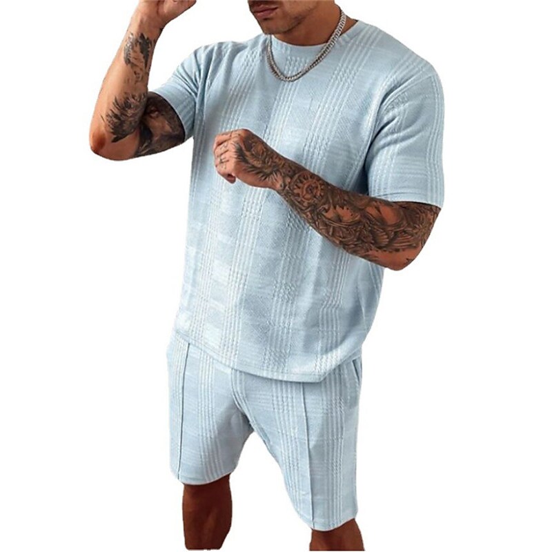 Men's Solid Color Crew Neck Shirt Loose Elastic Shorts Casual Set