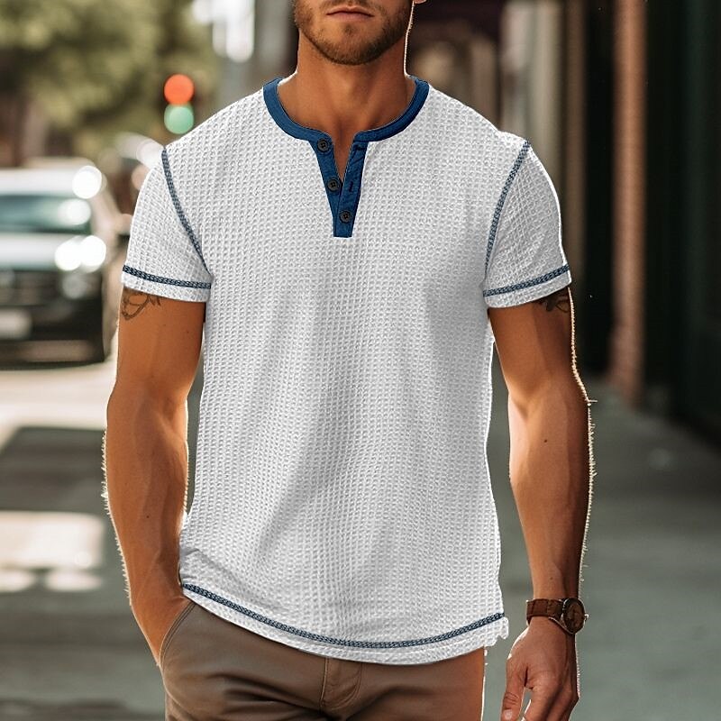 Men's Waffle Outdoor Street Casual Fashion Comfortable Breathable Plain Short Sleeve Henley Shirt