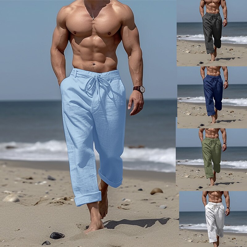 Men's Linen Summer Beach Pants  Front Pocket Straight Leg Plain Comfort Breathable Casual Linen / Cotton Blend Trousers 