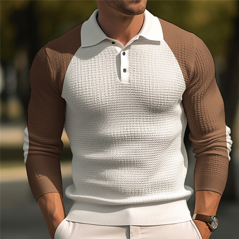 Men's Waffle Polo Shirt Button Up Polos Casual Sports Lapel Long Sleeve Fashion Basic Color Block Button Waffle Polo Shirt