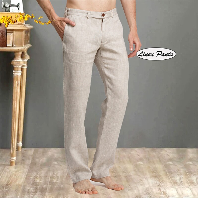 Men's Linen Trousers Summer Pants Pocket Straight Leg Plain Comfort Casual Daily Holiday Linen / Cotton Blend Streetwear Stylish 