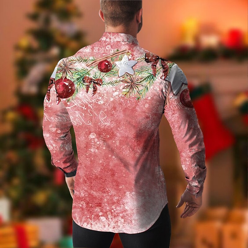 Men's Pink Christmas Print Turndown Long Sleeve Button-Down Shirt